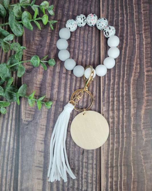 Confetti Silicone bead keychain bracelet, wristlet, laser engraving blank, silicone bead wristlet, wood disc for engraving