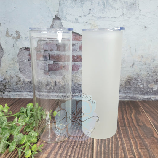 25oz Glass Tumblers for Sublimation | Clear or Frosted with Plastic Lid & Straw | Sublimation Blank Bottles