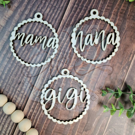 3.5" Circle Tag, Scallop Circle Mama, Gigi, Nana, Car Charm blank, Scalloped car charm blank