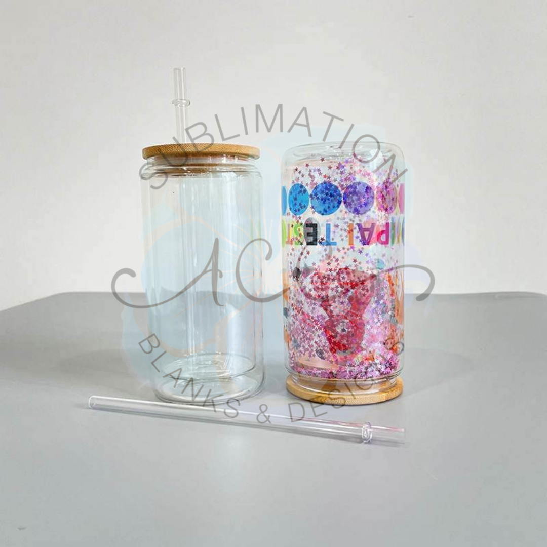 Sublimation Ready Snow Globe Glass Can Tumblers with Bamboo Lid and Straw - Clear Cup - Ready to Ship (RTS)