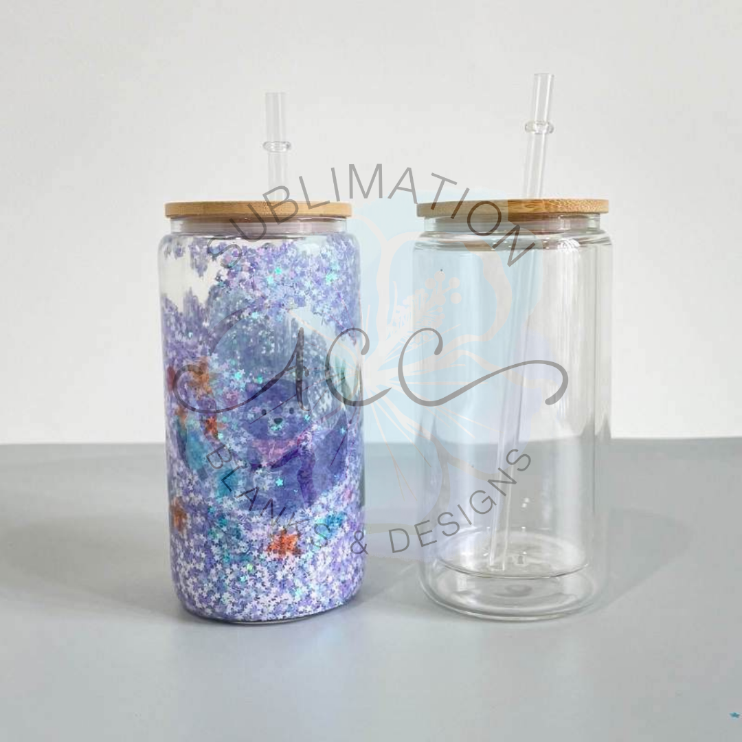 Sublimation Ready Snow Globe Glass Can Tumblers with Bamboo Lid and Straw - Clear Cup - Ready to Ship (RTS)