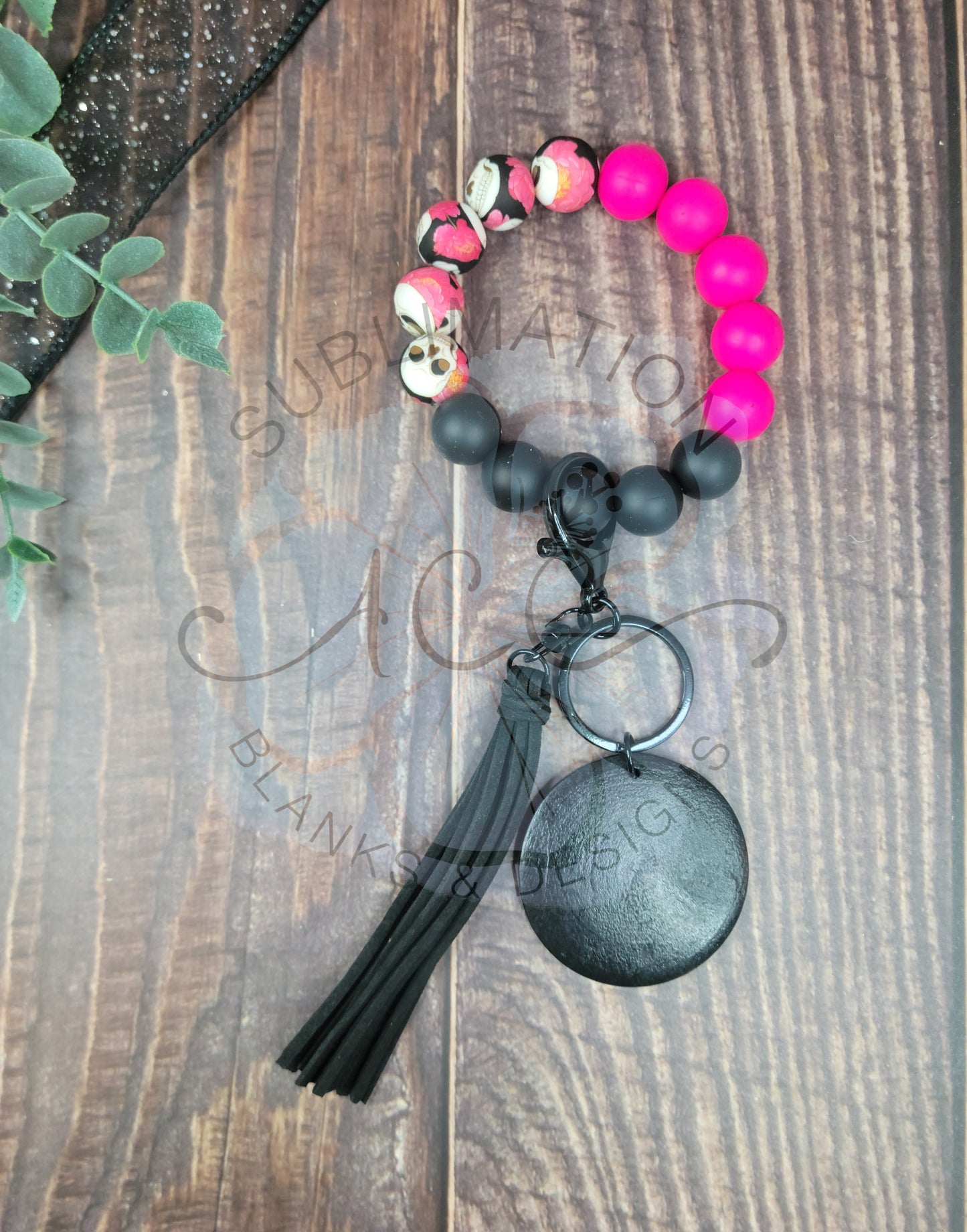 Skeleton, black, and pink Silicone bead keychain bracelet, floral skull, spooky wristlet, skellie, skeleton, flowers and skull, laser engraving blank, silicone bead wristlet, wood disc for engraving