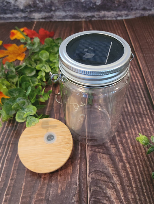 Lighted ELF dual lid lantern and "snow globe" tumbler with hanging hardware, solar powered lid with light, bamboo lid with straw, double walled glass tumbler RTS