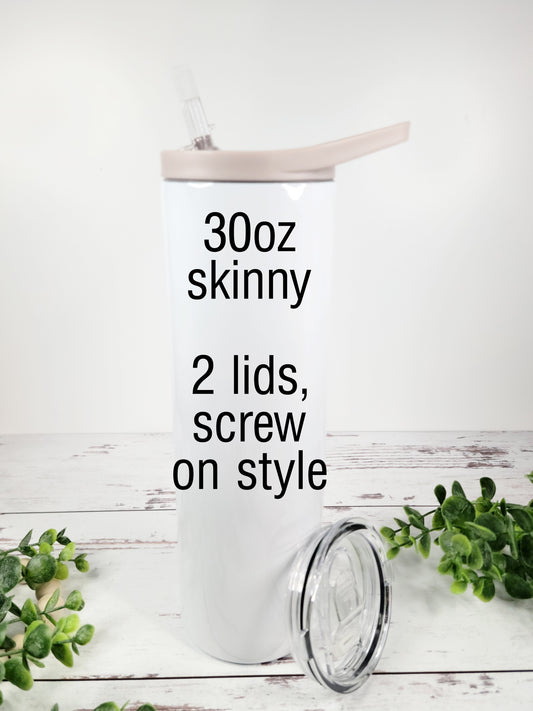 30 oz Straight Skinny Sublimation Tumbler with Handle and Two Lids | Ready to Ship (RTS) | Water Bottle | Hydro Tumbler | Screw-On Handle Lid