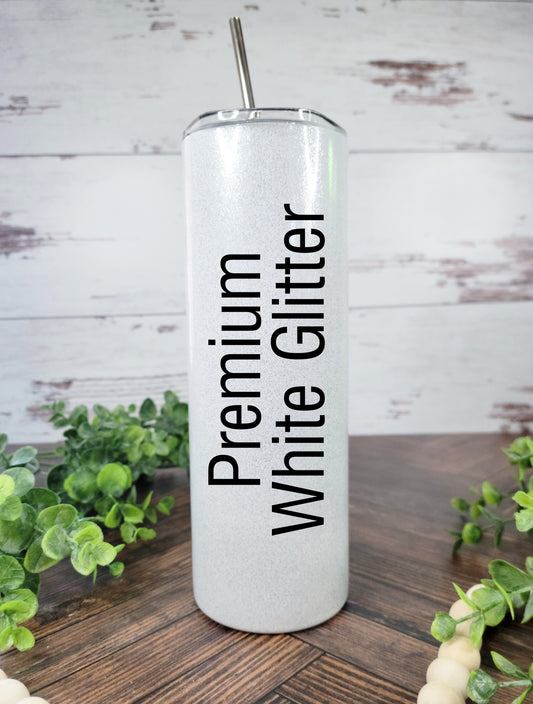 20oz Premium White Glitter Tumbler with Clear Slider Lid - Ready to Ship (RTS) - Press-on Lid - Glossy Finish - Skinny Design - Shop Exclusive
