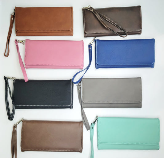 Laserable Leatherette Long Style Wallets with wristlet lanyard strap, Tri fold wallets for engraving, laser safe wallets, engraveable wallets RTS