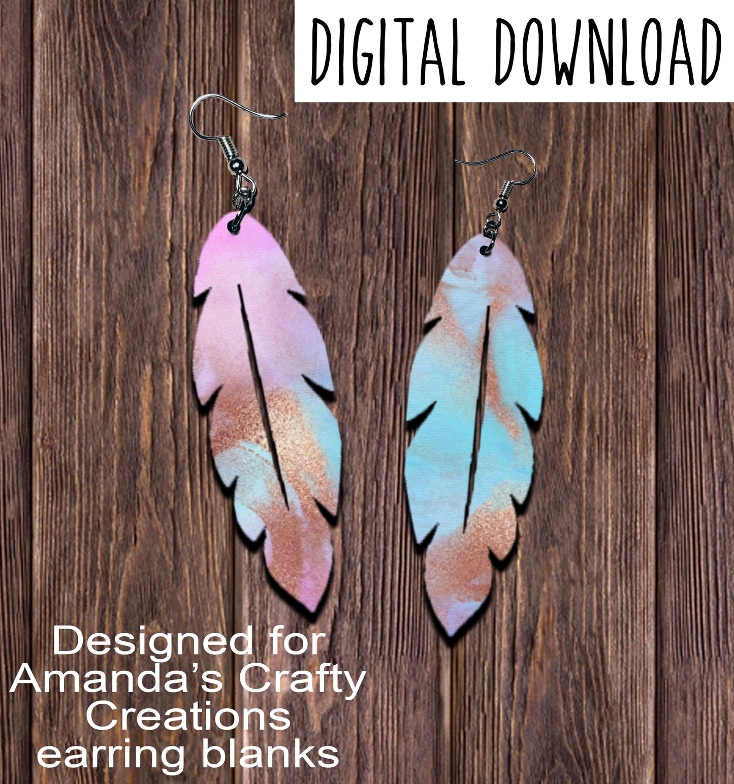 Pink Blue Rose Gold Feather Earring Sublimation Design, Hand drawn Feather Sublimation earring design, digital download, JPG, PNG