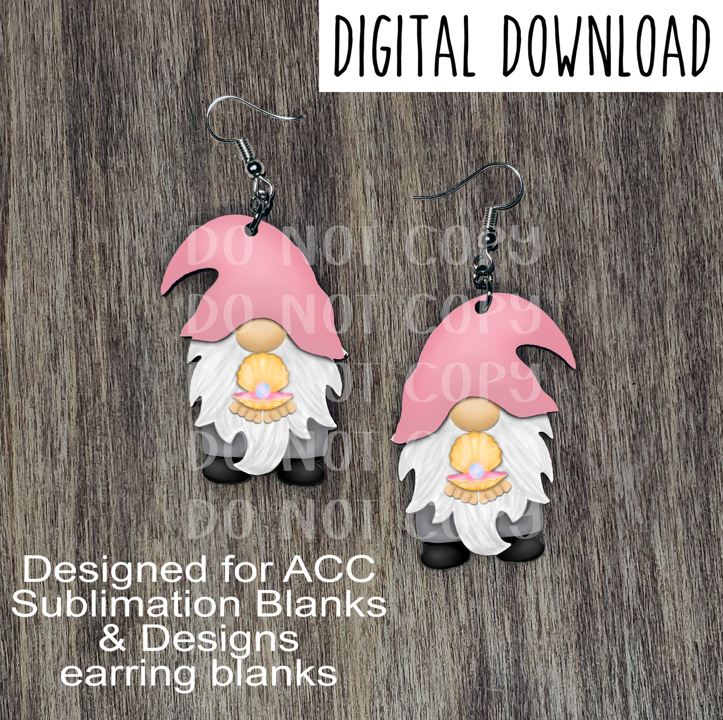 Oyster Pearl Gnome with Light Pink Hat Hat Earring Sublimation Design, Hand drawn Gnome Sublimation earring design, digital download, JPG, PNG