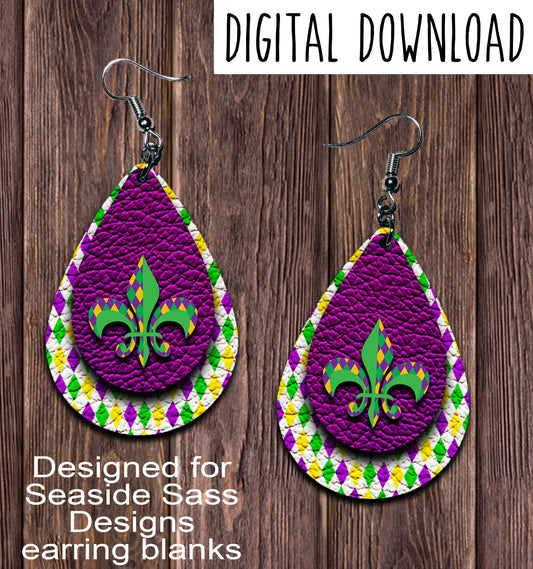 Purple Mardi Gras Fleur de Lis Teardrop Earring Sublimation Design, Hand drawn Teardrop Sublimation earring design, digital download, JPG, PNG