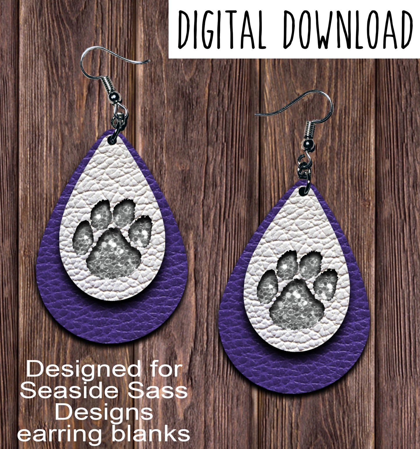 Purple White Paw Print Cut Out Teardrop Earring Sublimation Design, Hand drawn Teardrop Sublimation earring design, digital download, JPG, PNG