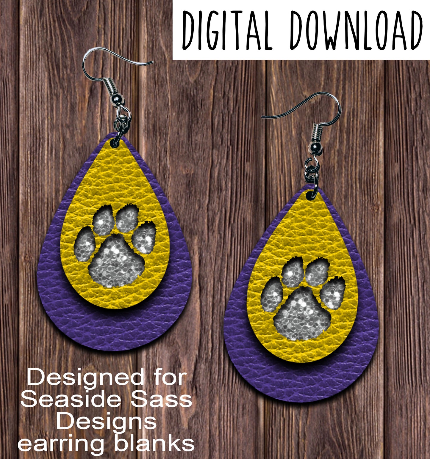Purple Yellow Paw Print Cut Out Teardrop Earring Sublimation Design, Hand drawn Teardrop Sublimation earring design, digital download, JPG, PNG