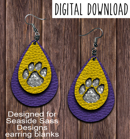 Purple Yellow Paw Print Cut Out Teardrop Earring Sublimation Design, Hand drawn Teardrop Sublimation earring design, digital download, JPG, PNG
