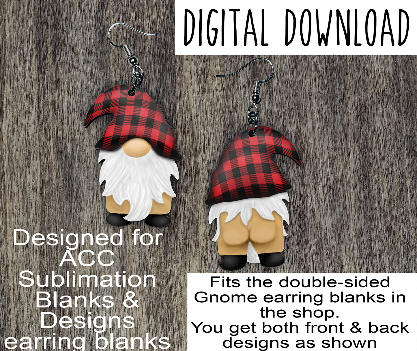 Double Sided Naked Red Buffalo Plaid Gnome Sublimation Design, Hand drawn Gnome Sublimation earring design, digital download, JPG, PNG