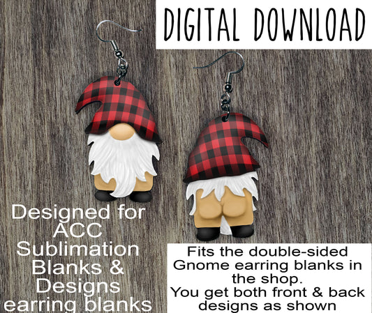 Double Sided Naked Red Buffalo Plaid Gnome Sublimation Design, Hand drawn Gnome Sublimation earring design, digital download, JPG, PNG