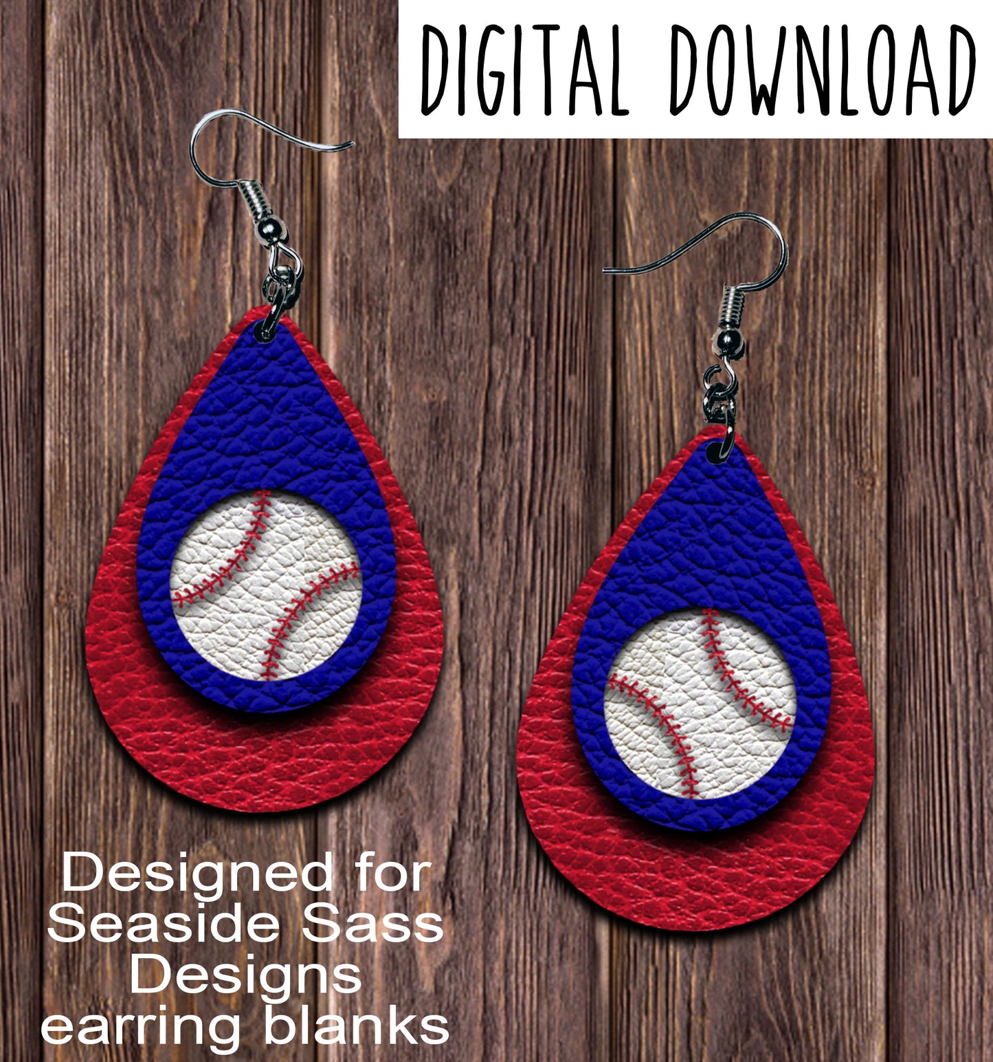 Red Royal Blue Baseball Cut Out Teardrop Earring Sublimation Design, Hand drawn Teardrop Sublimation earring design, digital download, JPG, PNG