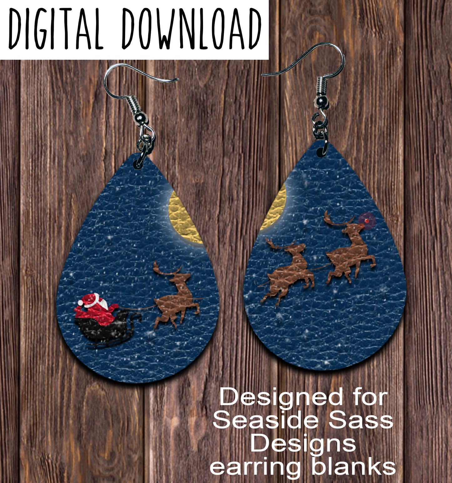 Santa Sleigh Teardrop Earring Sublimation Design, Hand drawn Teardrop Sublimation earring design, digital download, JPG, PNG