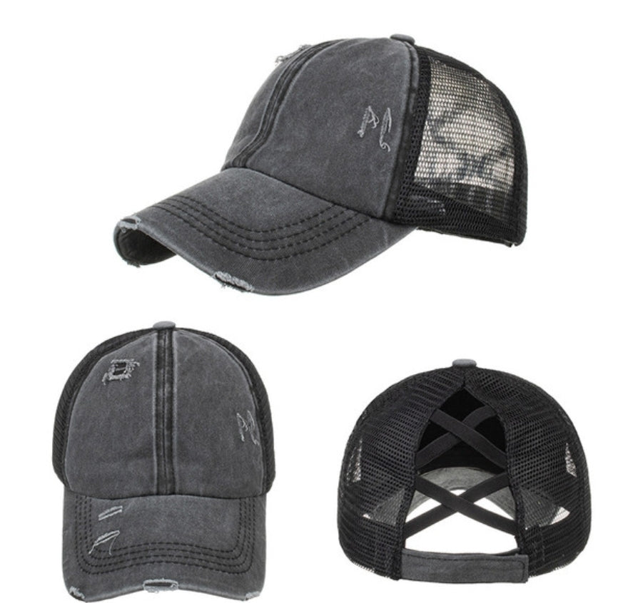 RTS Criss Cross Ponytail Vintage HATS, distressed vintage mesh trucker hats