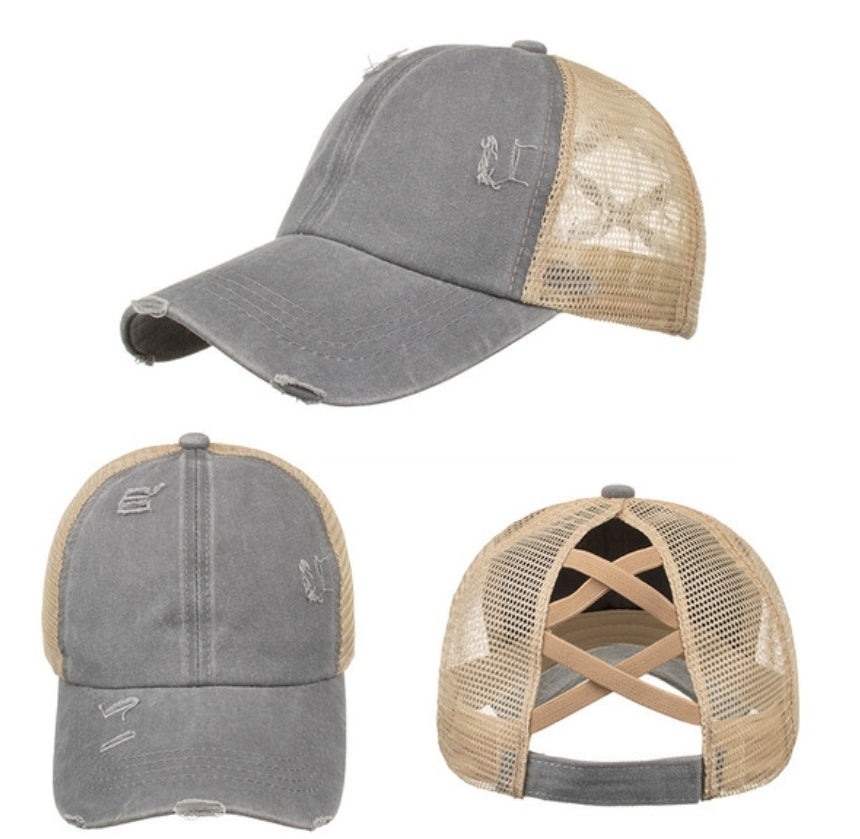 RTS Criss Cross Ponytail Vintage HATS, distressed vintage mesh trucker hats