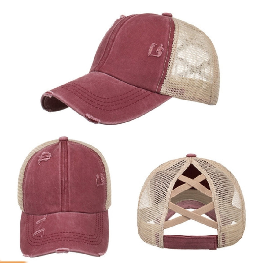RTS Criss Cross Ponytail Vintage HATS, distressed vintage mesh trucker hats
