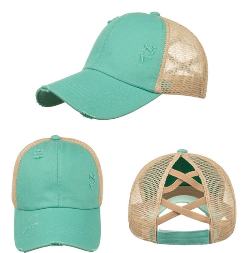 RTS Criss Cross Ponytail Vintage HATS, distressed vintage mesh trucker hats