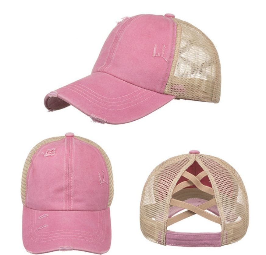RTS Criss Cross Ponytail Vintage HATS, distressed vintage mesh trucker hats