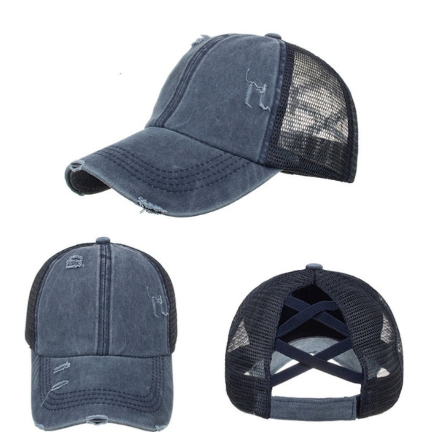RTS Criss Cross Ponytail Vintage HATS, distressed vintage mesh trucker hats