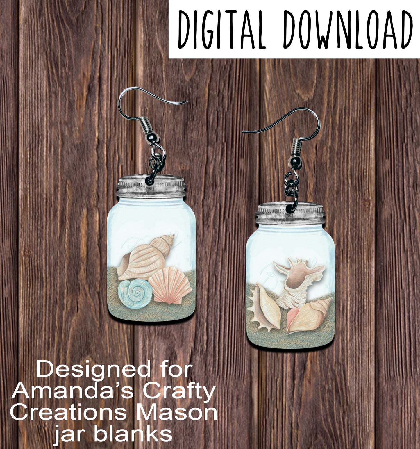 Seashell Blue Mason Jar Earring Sublimation Design, Hand drawn Mason Jar Sublimation earring design, digital download, JPG, PNG