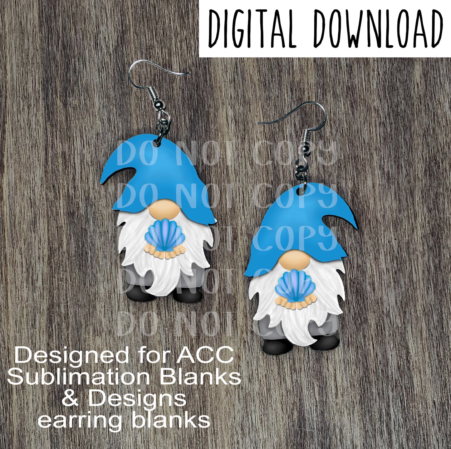 Seashell Gnome with Light Blue Hat Hat Earring Sublimation Design, Hand drawn Gnome Sublimation earring design, digital download, JPG, PNG