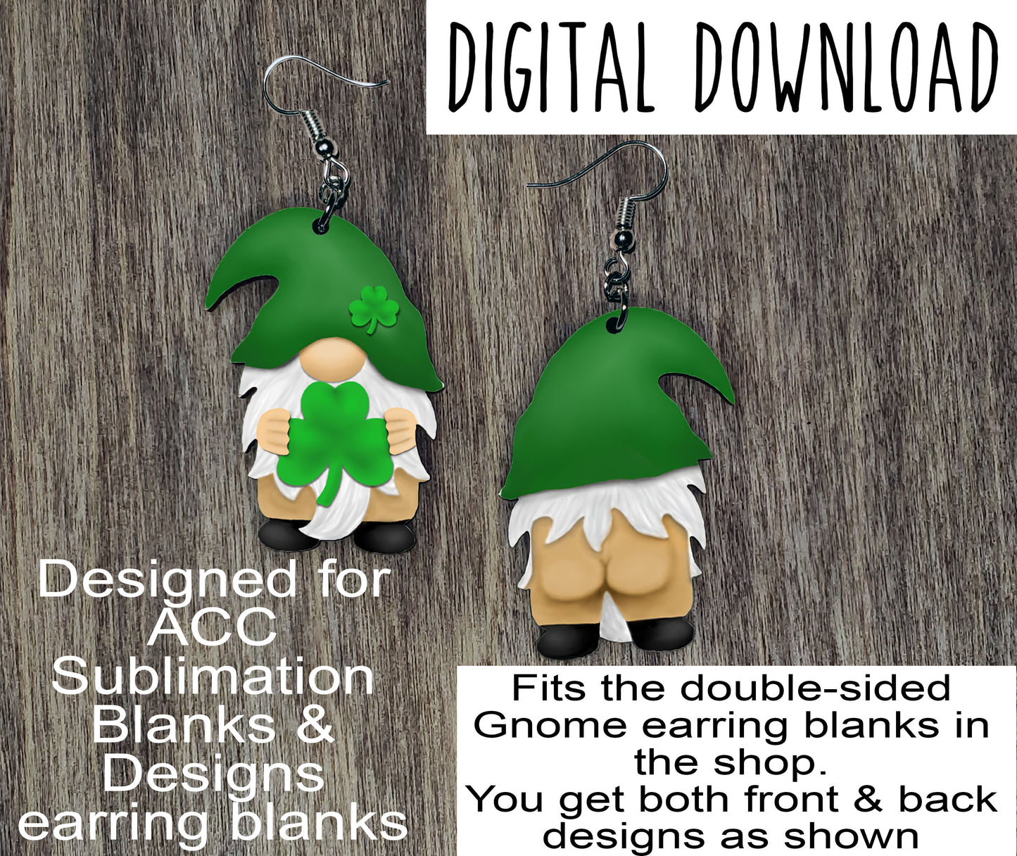 Double Sided Naked Gnome with Shamrock Sublimation Design, St Patty's Day naked gnome design, Hand drawn Gnome Sublimation earring design, digital download, JPG, PNG