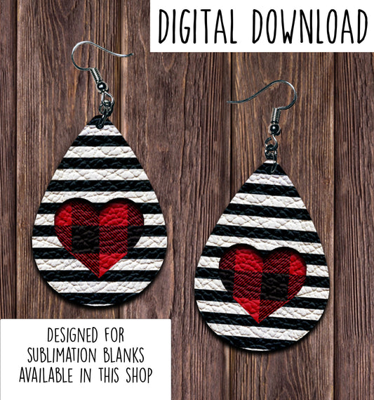 Stripes Buffalo Plaid Heart Teardrop Earring Sublimation Design, Hand drawn Teardrop Sublimation earring design, digital download, JPG, PNG
