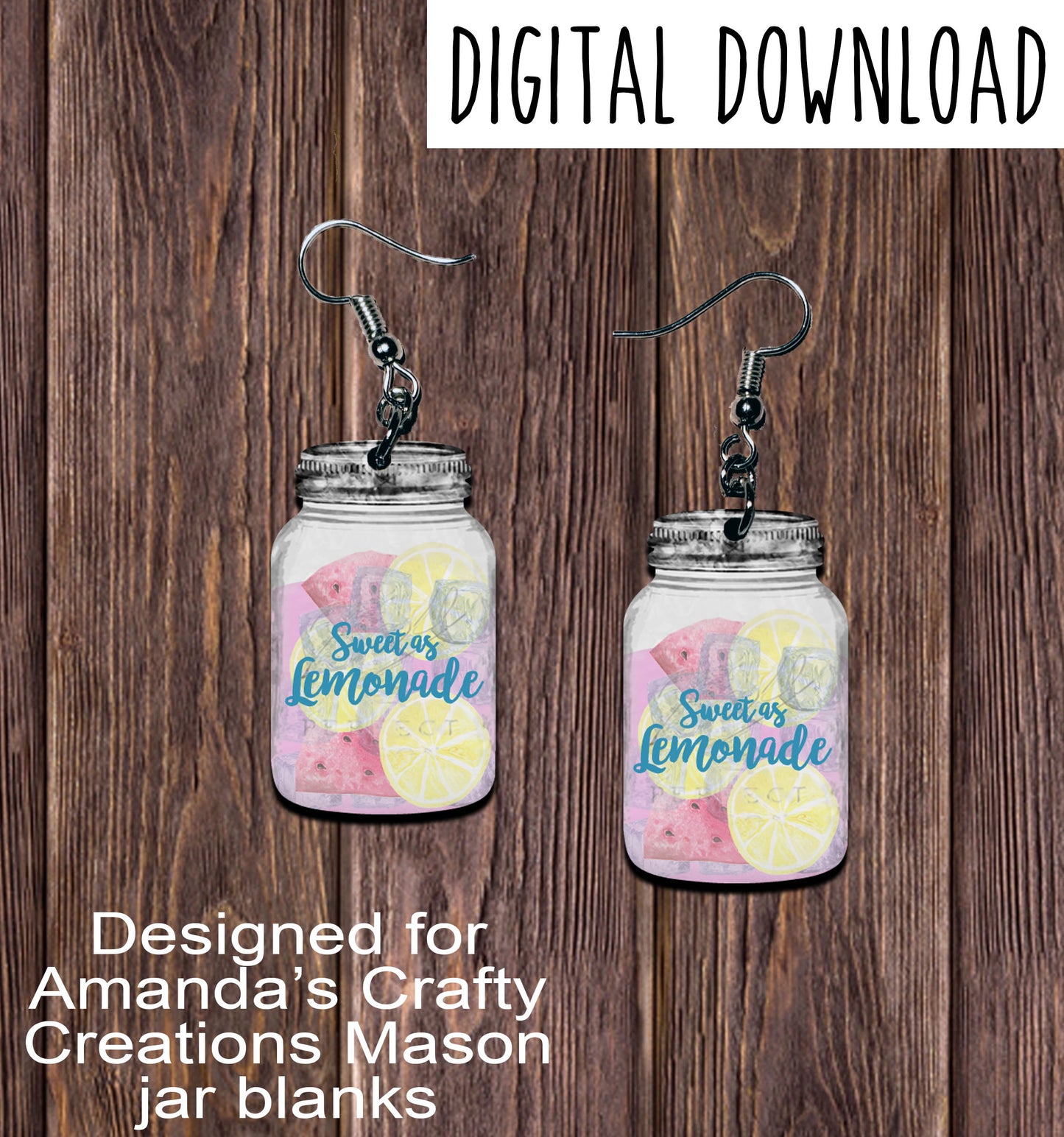 Sweet as Lemonade Watermelon Lemonade Mason Jar Earring Sublimation Design, Hand drawn Mason Jar Sublimation earring design, digital download, JPG, PNG
