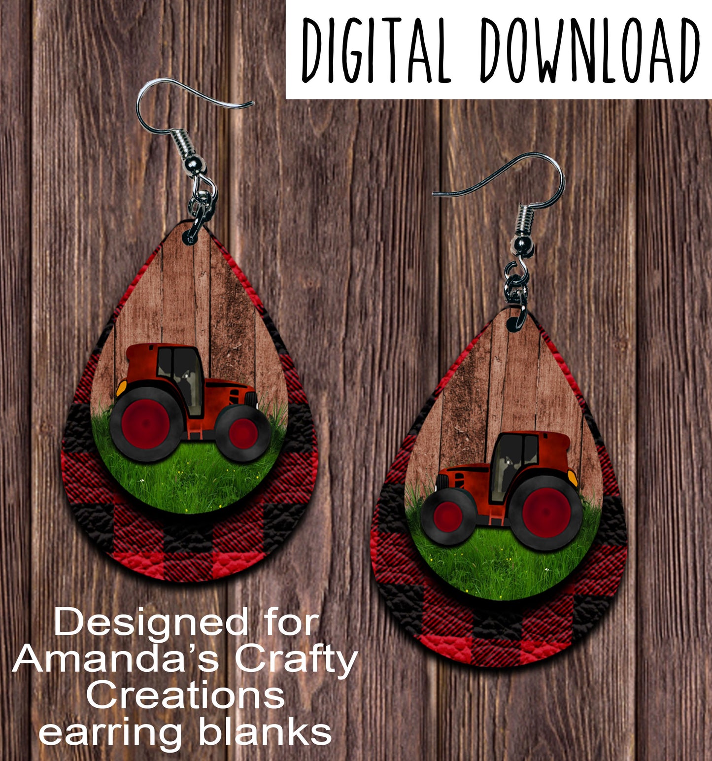 Tractor Red Buffalo Plaid Teardrop Earring Sublimation Design, Hand drawn Teardrop Sublimation earring design, digital download, JPG, PNG