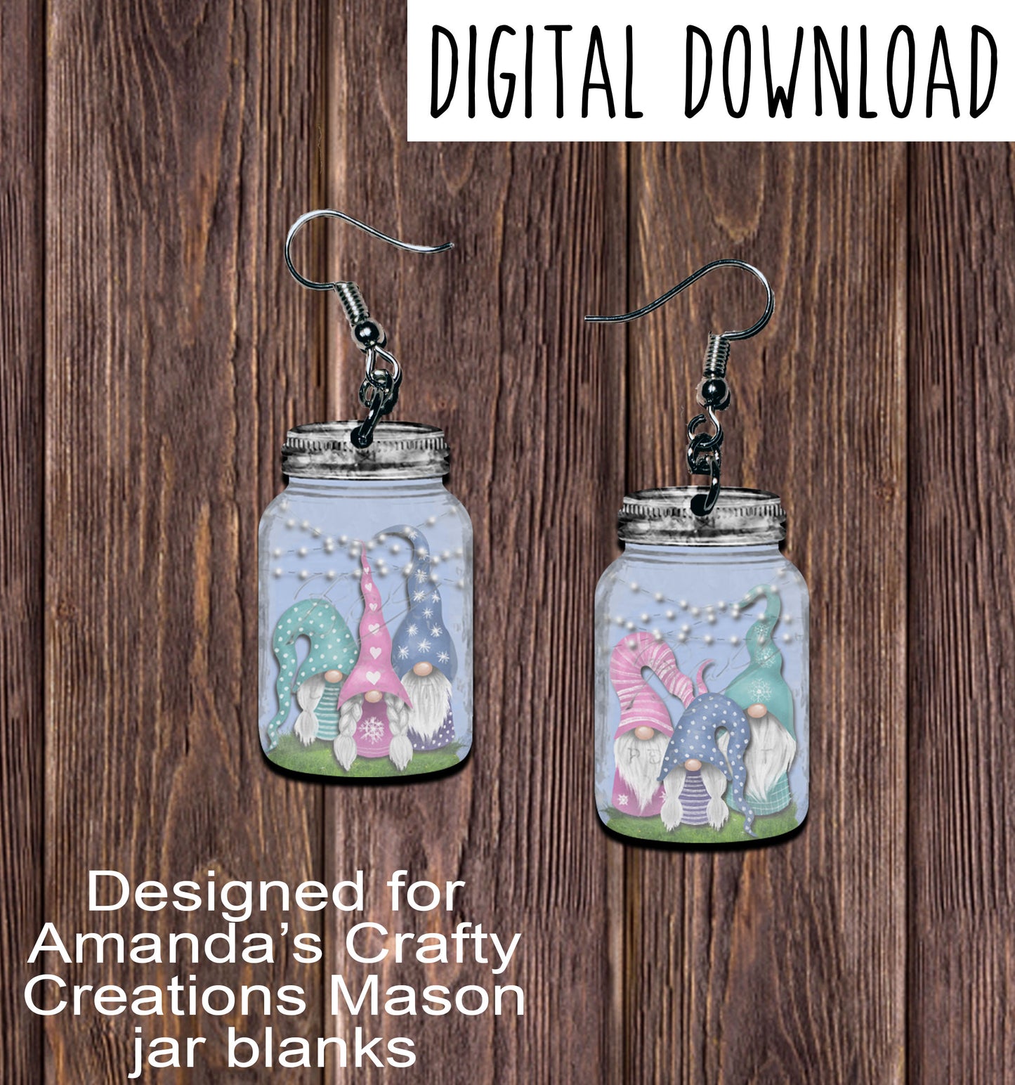 Triple Gnomes Fairy Lights Mason Jar Earring Sublimation Design, Hand drawn Mason Jar Sublimation earring design, digital download, JPG, PNG