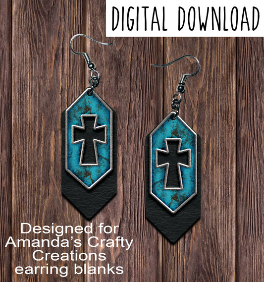 Black Turquoise Silver Cross Cutout Cascade Sublimation Earring Sublimation Design, Hand drawn Cascade Sublimation earring design, digital download, JPG, PNG