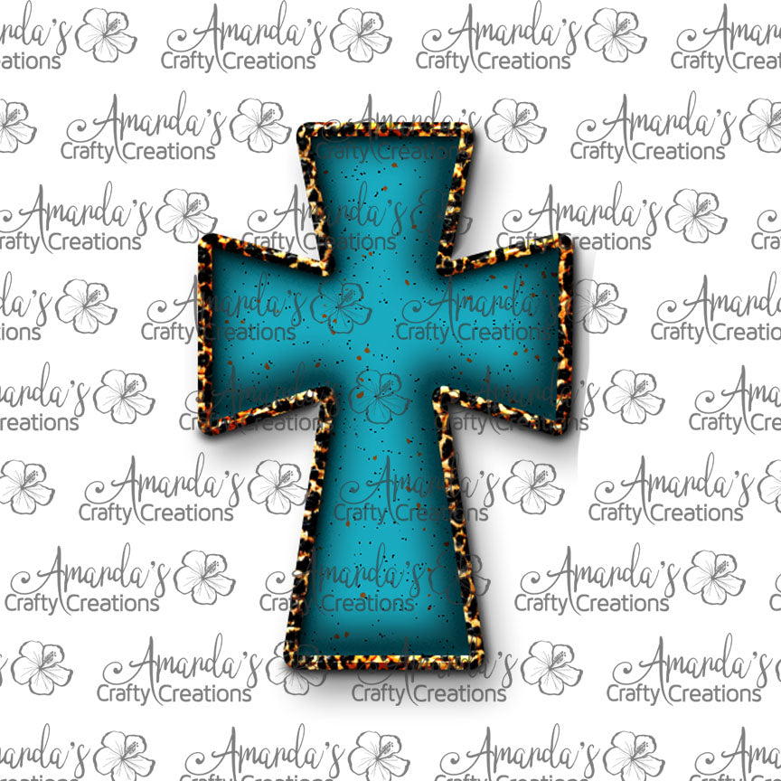 Turquoise and Leopard Cross Earring Sublimation Design, Hand drawn Cross Sublimation earring design, digital download, JPG, PNG