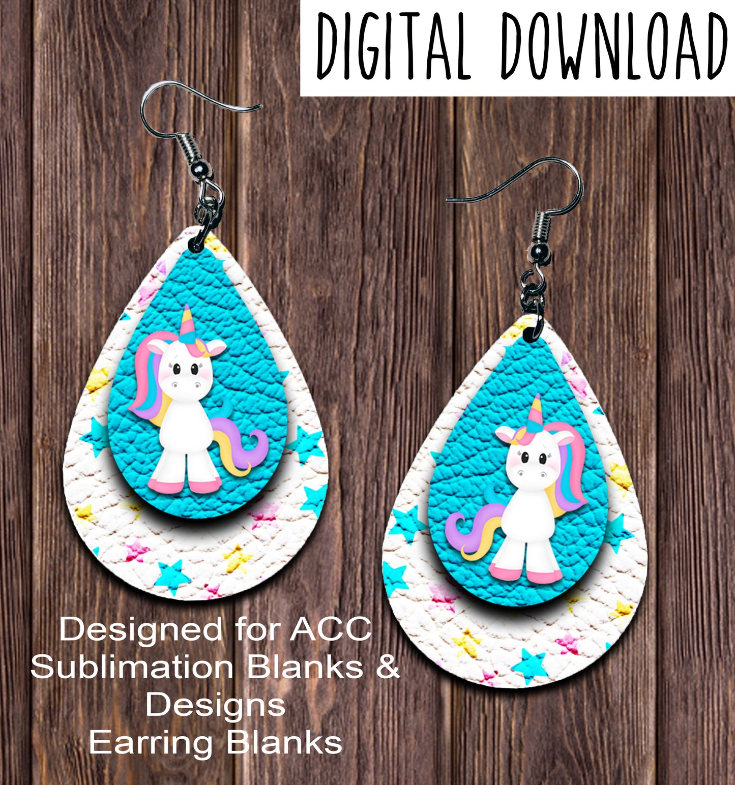 Unicorn Blue Stars Teardrop Earring Sublimation Design, Hand drawn Teardrop Sublimation earring design, digital download, JPG, PNG