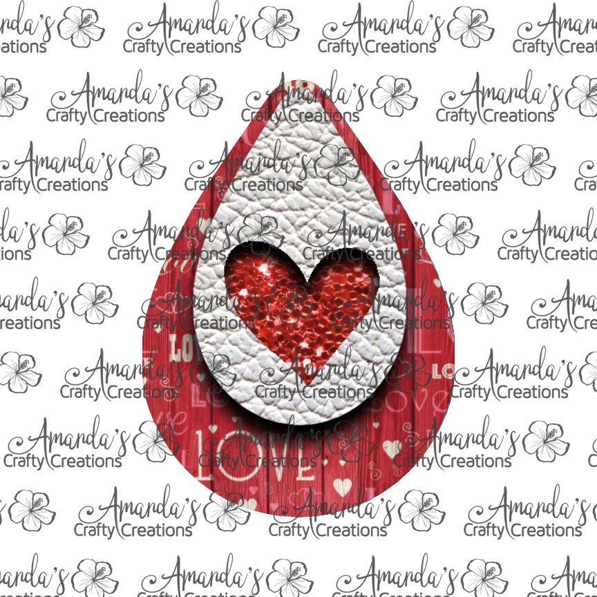 Valentine Wood White Red Chunk Heart Teardrop Earring Sublimation Design, Hand drawn Teardrop Sublimation earring design, digital download, JPG, PNG