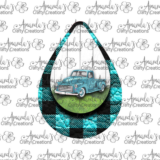 Vintage Aqua Truck Aqua Plaid Teardrop Earring Sublimation Design, Hand drawn Teardrop Sublimation earring design, digital download, JPG, PNG
