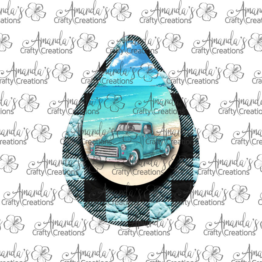 Vintage Aqua Truck Beach Aqua Plaid Teardrop Earring Sublimation Design, Hand drawn Teardrop Sublimation earring design, digital download, JPG, PNG