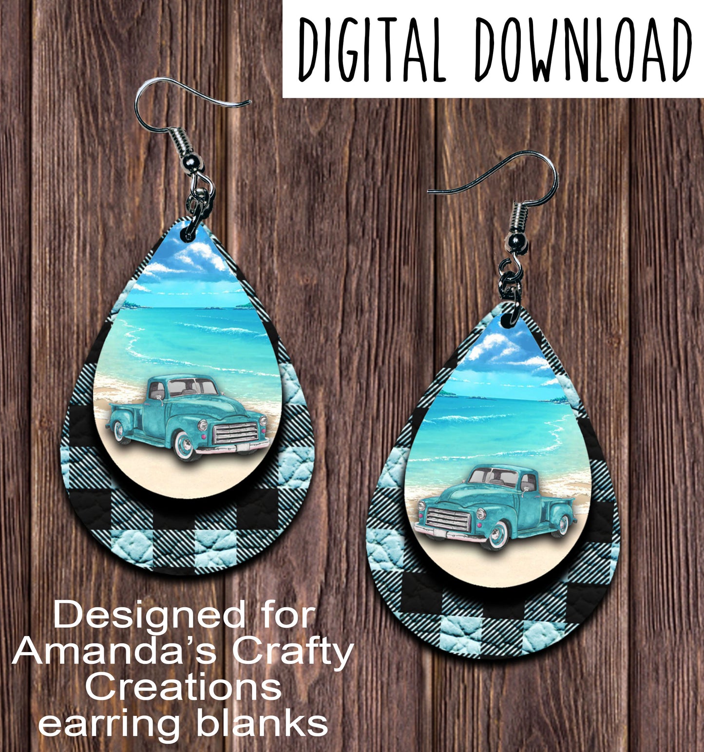 Vintage Aqua Truck Beach Aqua Plaid Teardrop Earring Sublimation Design, Hand drawn Teardrop Sublimation earring design, digital download, JPG, PNG