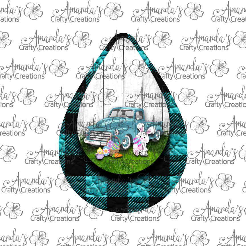 Vintage Aqua Truck Easter Aqua Plaid Teardrop Earring Sublimation Design, Hand drawn Teardrop Sublimation earring design, digital download, JPG, PNG