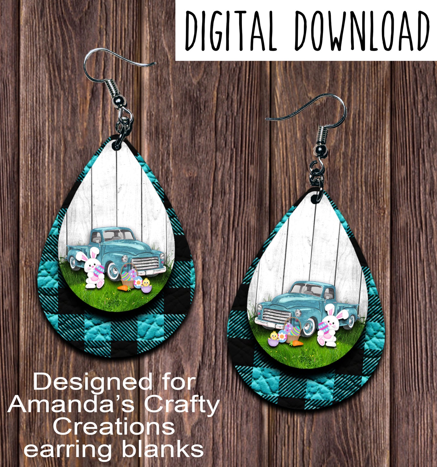 Vintage Aqua Truck Easter Aqua Plaid Teardrop Earring Sublimation Design, Hand drawn Teardrop Sublimation earring design, digital download, JPG, PNG