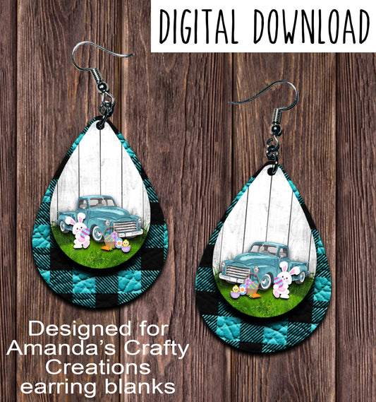 Vintage Aqua Truck Easter Aqua Plaid Teardrop Earring Sublimation Design, Hand drawn Teardrop Sublimation earring design, digital download, JPG, PNG