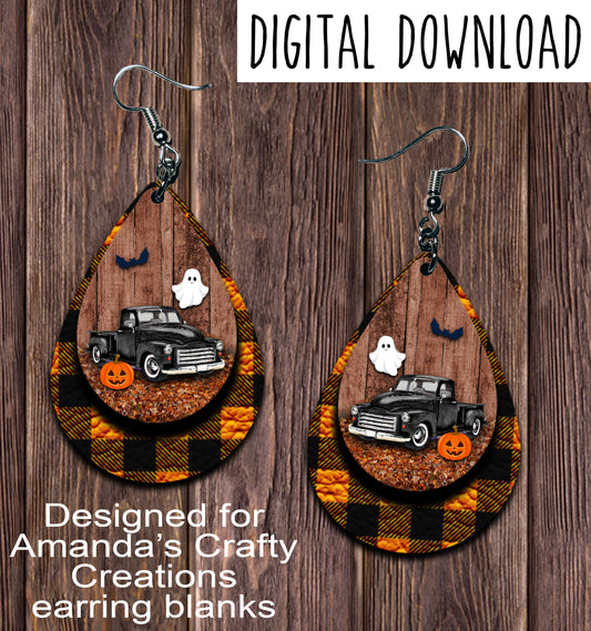 Vintage Black Truck Halloween Orange Plaid Teardrop Earring Sublimation Design, Hand drawn Teardrop Sublimation earring design, digital download, JPG, PNG