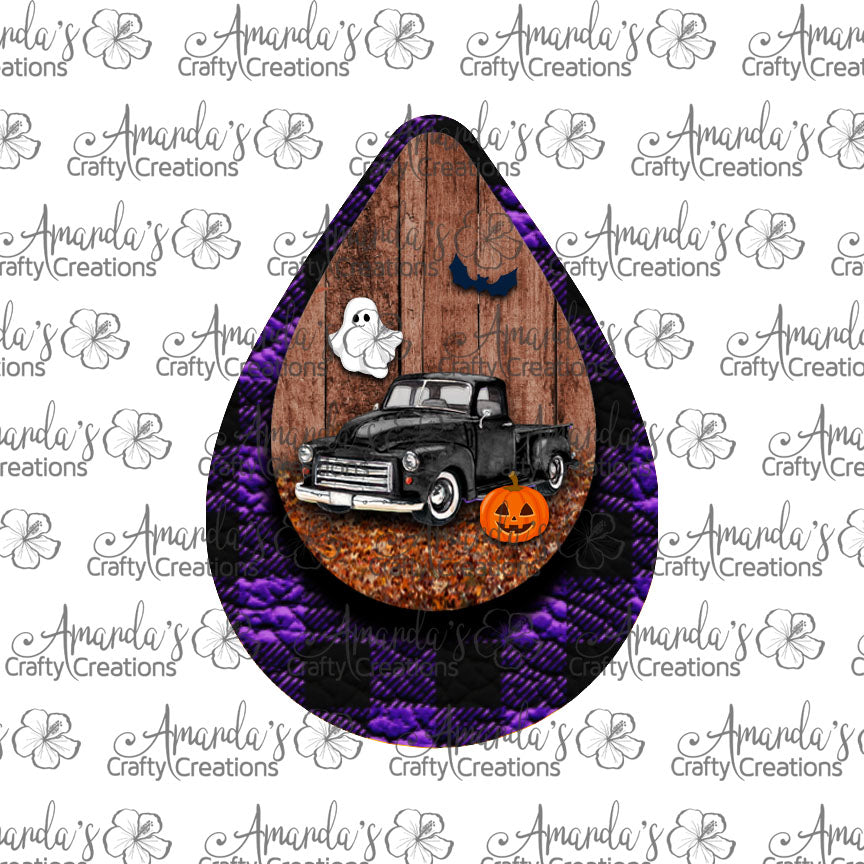 Vintage Black Truck Purple Plaid Halloween Teardrop Earring Sublimation Design, Hand drawn Teardrop Sublimation earring design, digital download, JPG, PNG