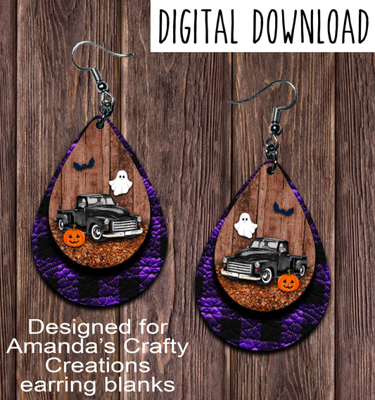 Vintage Black Truck Purple Plaid Halloween Teardrop Earring Sublimation Design, Hand drawn Teardrop Sublimation earring design, digital download, JPG, PNG
