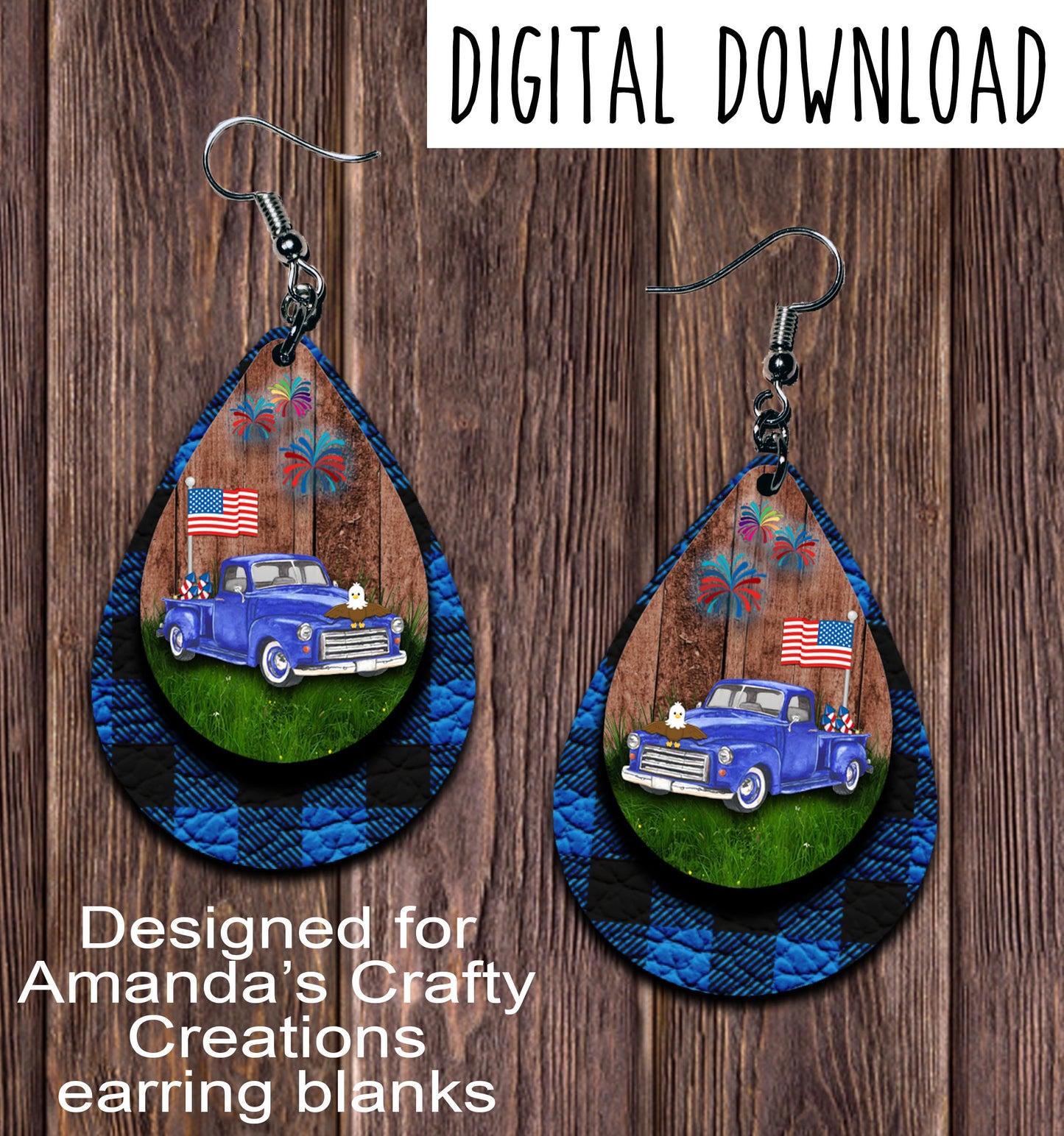 Vintage Blue Truck 4th of July Teardrop Earring Sublimation Design, Hand drawn Teardrop Sublimation earring design, digital download, JPG, PNG