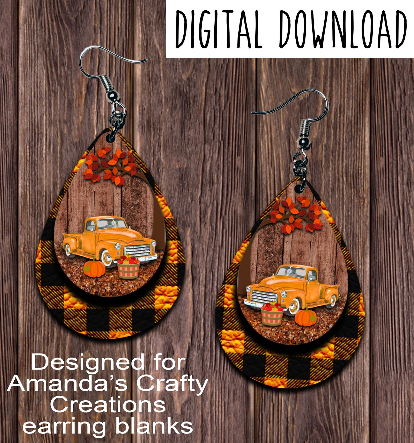 Vintage Orange Truck Fall Orange Plaid Teardrop Earring Sublimation Design, Hand drawn Teardrop Sublimation earring design, digital download, JPG, PNG