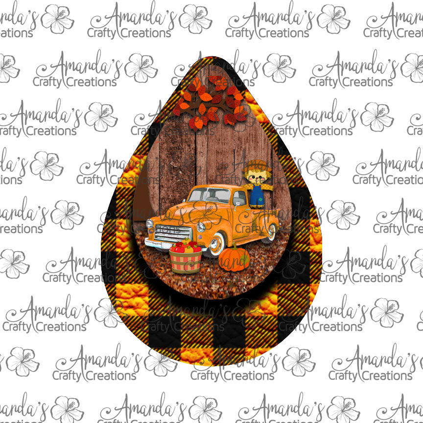 Vintage Orange Truck Fall Orange Plaid Teardrop Earring Sublimation Design, Hand drawn Teardrop Sublimation earring design, digital download, JPG, PNG
