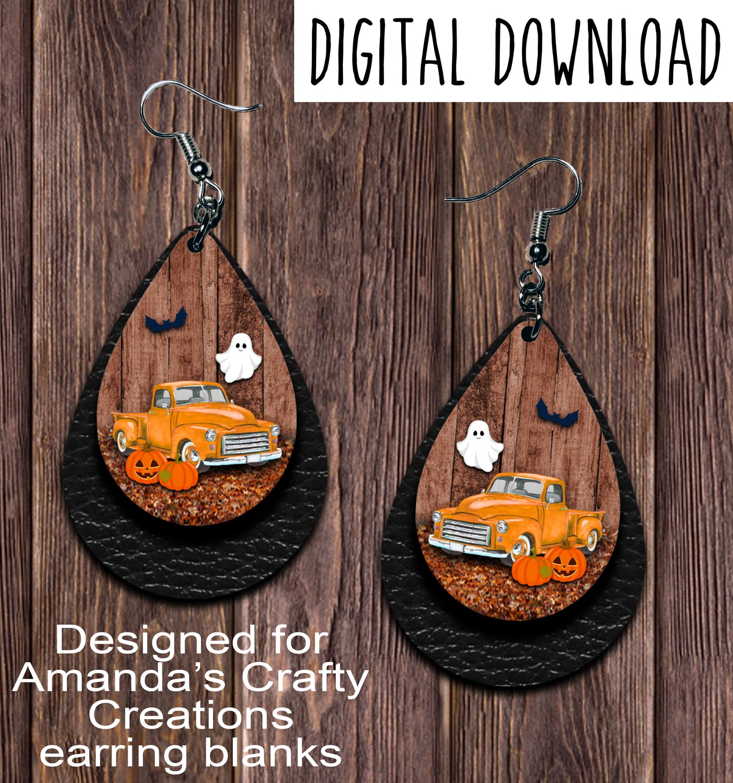 Vintage Orange Truck Halloween Black Teardrop Earring Sublimation Design, Hand drawn Teardrop Sublimation earring design, digital download, JPG, PNG